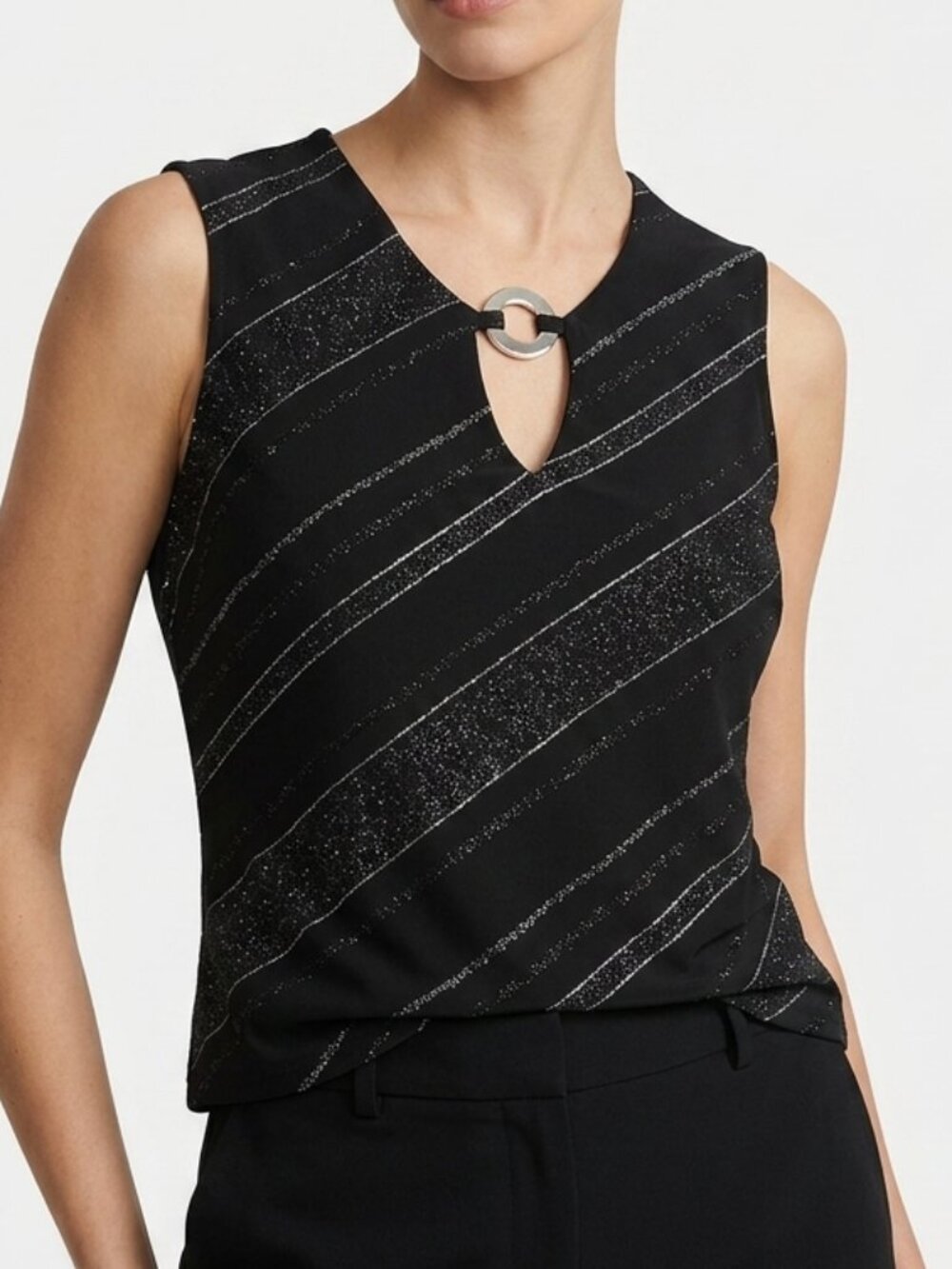 New Look Black Silver Glitter Stripe Keyhole Ring Top‎ Size 14